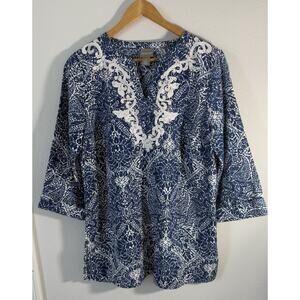 Chicos Women's Top Tunic Cotten Linen Blend 3/4 Sleeve Embroidered Size 0 Small